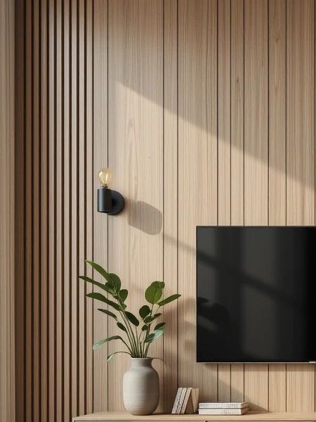 Slat wall with sconce and plant