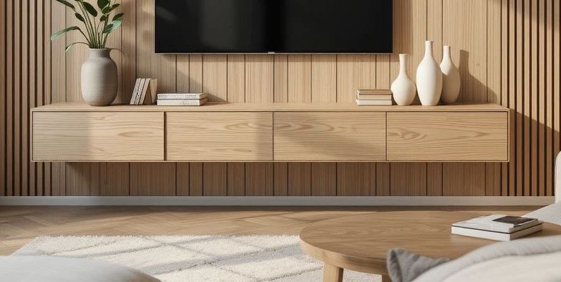 Floating media unit on the oak slat wall