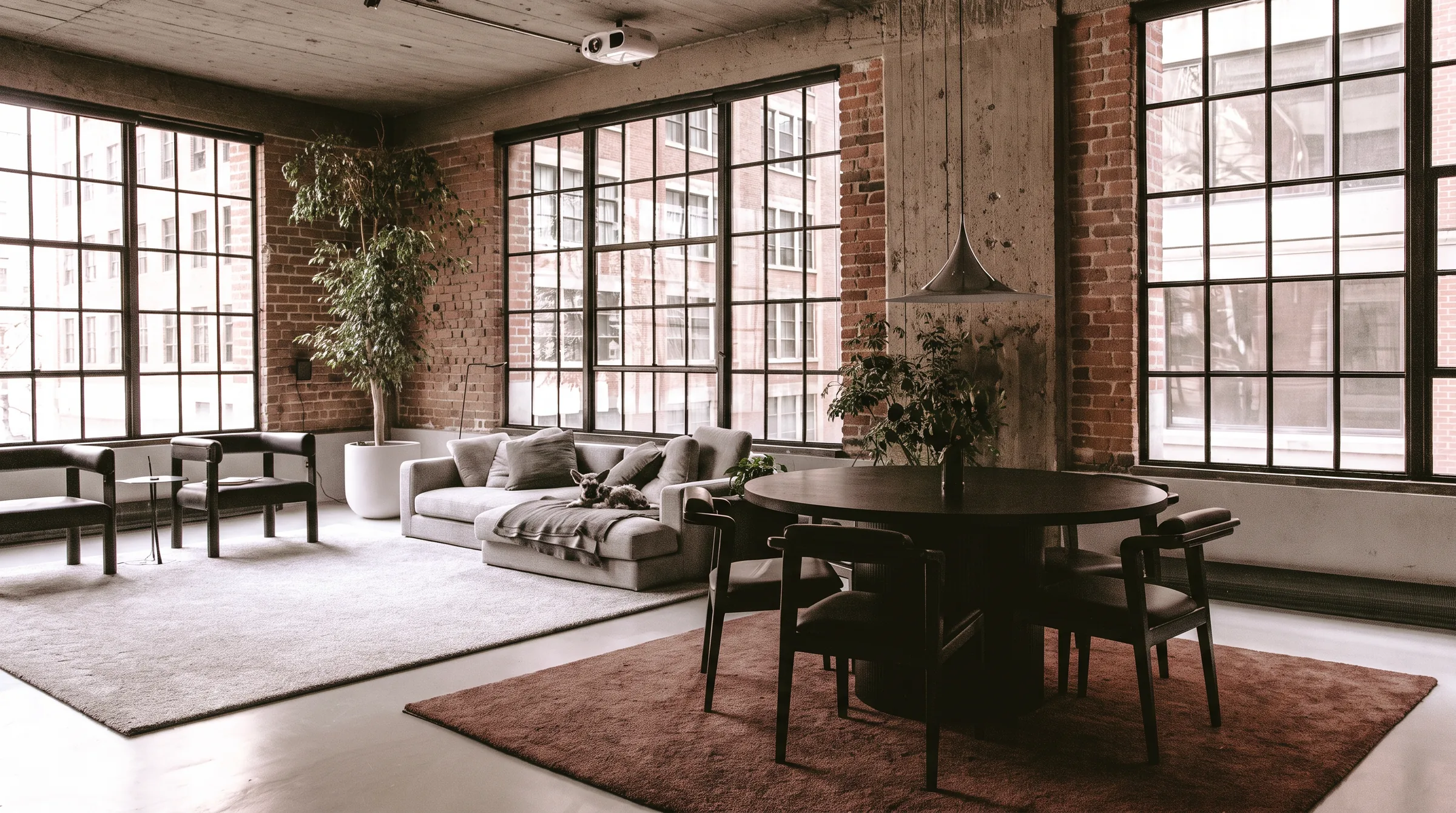 A loft living room in industrial modern style with exposed red brick, a concrete ceiling, tall black steel windows, a round dark wood dining table and a grey sofa