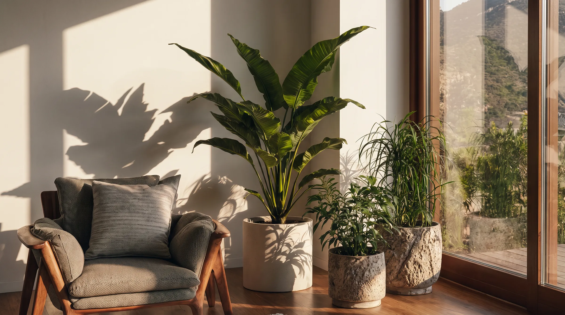 A wooden framed armchair beside tall potted plants in a sunlit corner, with a hillside visible through a full height window