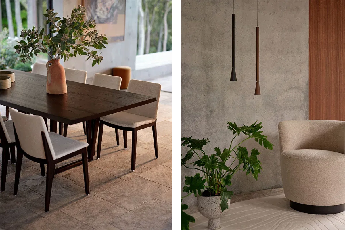 A dark solid oak dining table with upholstered chairs beside a garden window, and a curved armchair next to a large leafed plant against a concrete wall