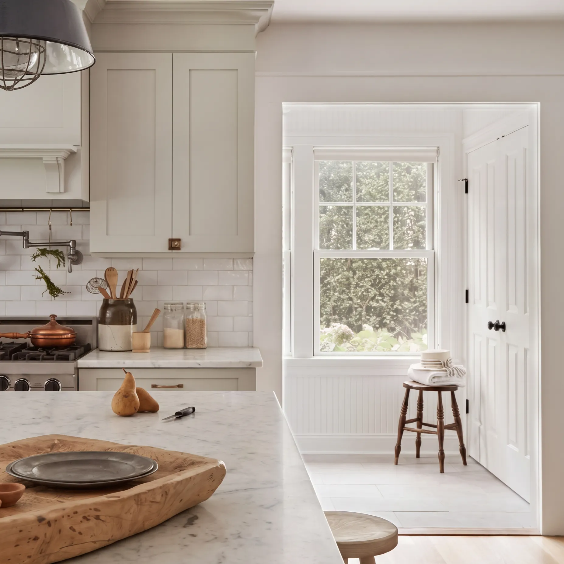 A pale kitchen with cream shaker cabinets, marble worktops, white tiled walls and a dark wooden stool by the window.
