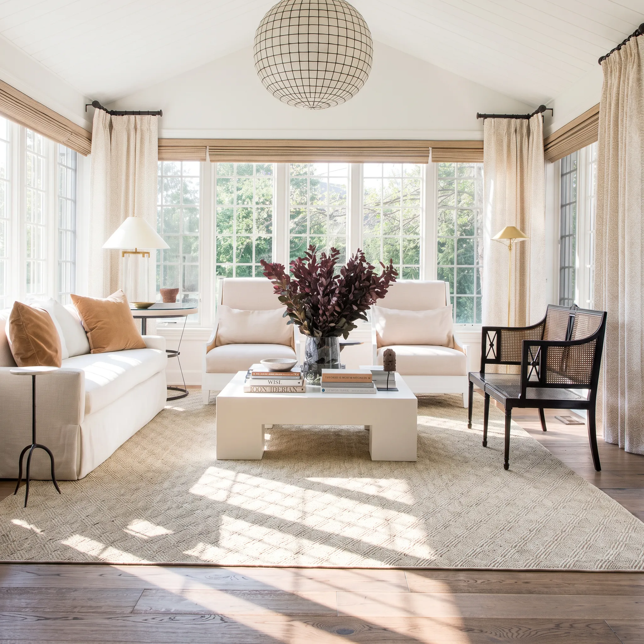 A sunlit sitting room with a cream sofa, ochre cushions, a woven wool rug, linen curtains and three separate light sources.