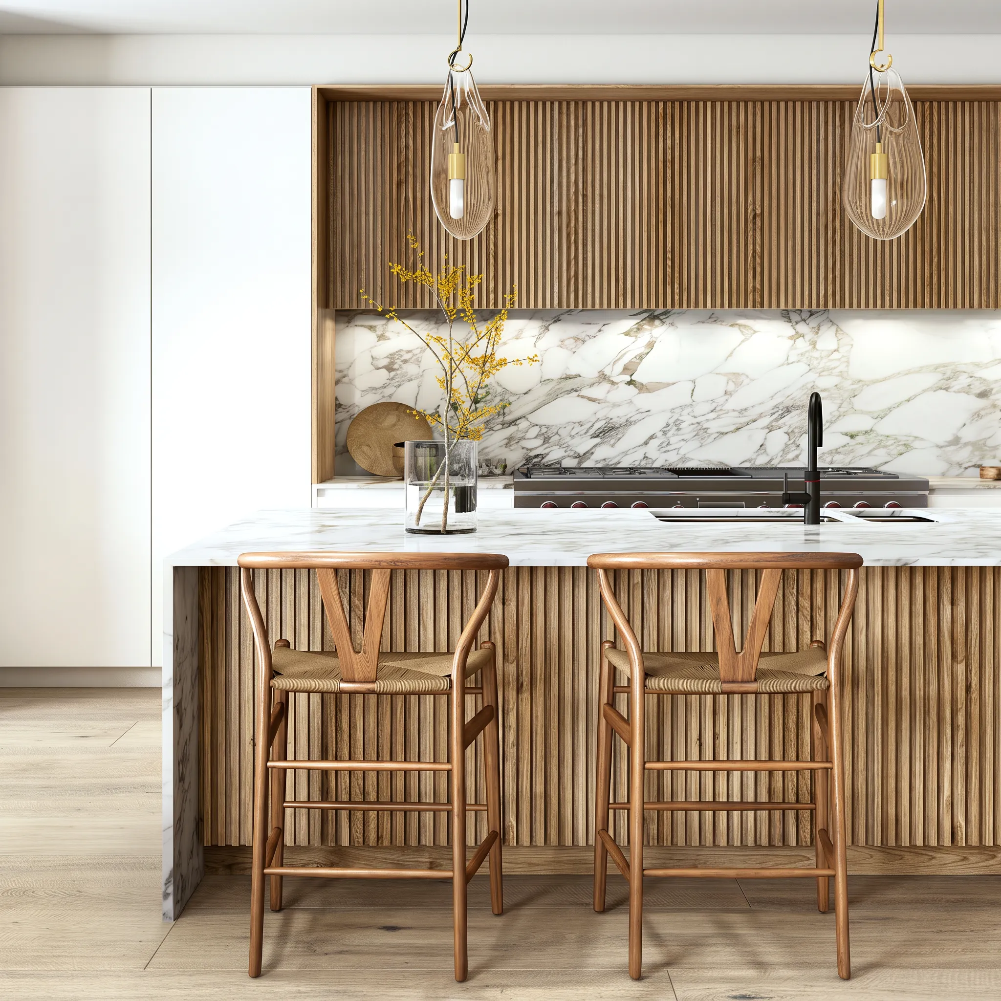 A kitchen island in fluted oak with a marble top and two oak Wishbone stools with paper cord seats.