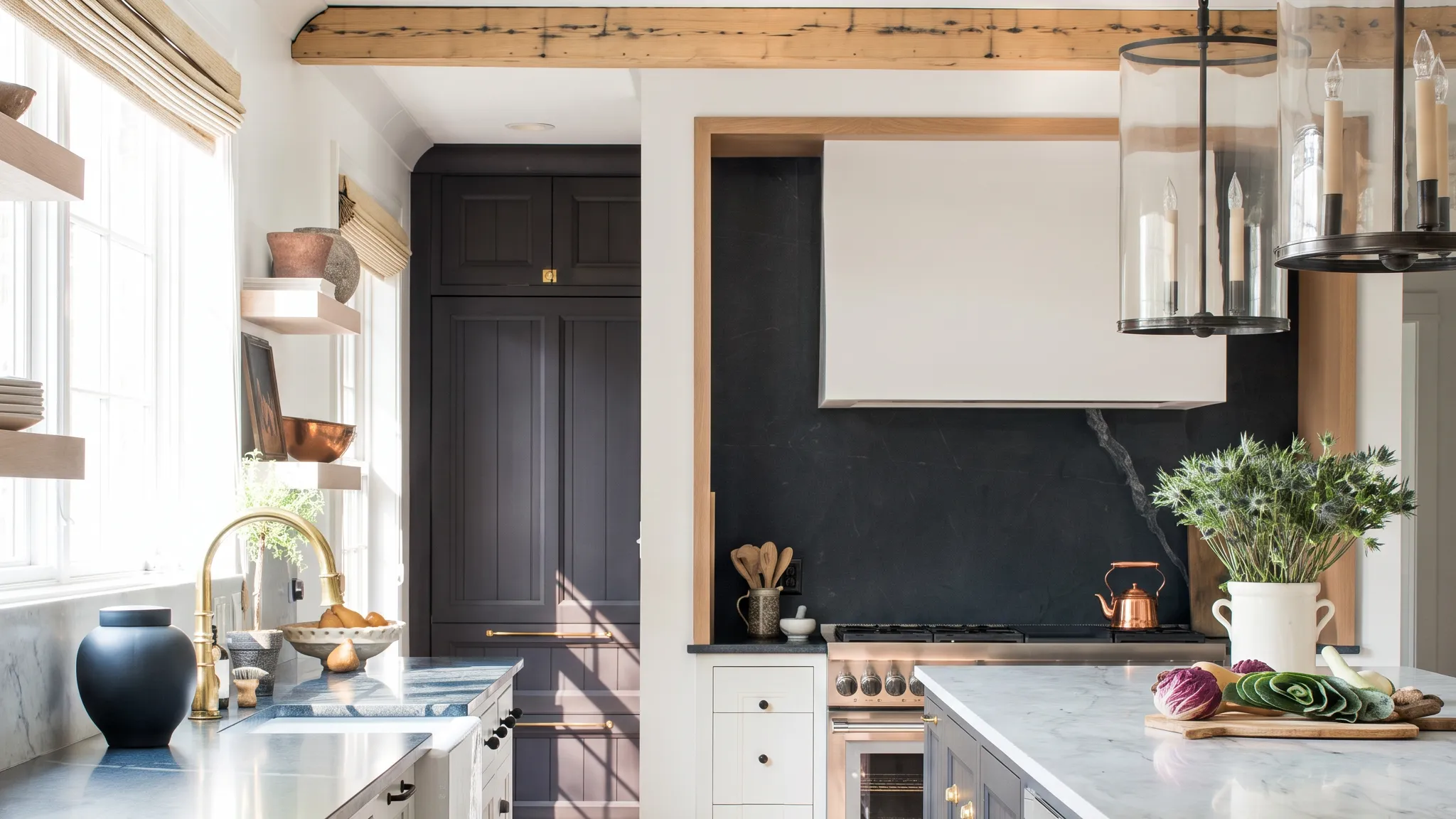 A Scandinavian kitchen in morning light, with an exposed pale oak beam, charcoal cabinetry, a dark soapstone splashback and brass tapware.