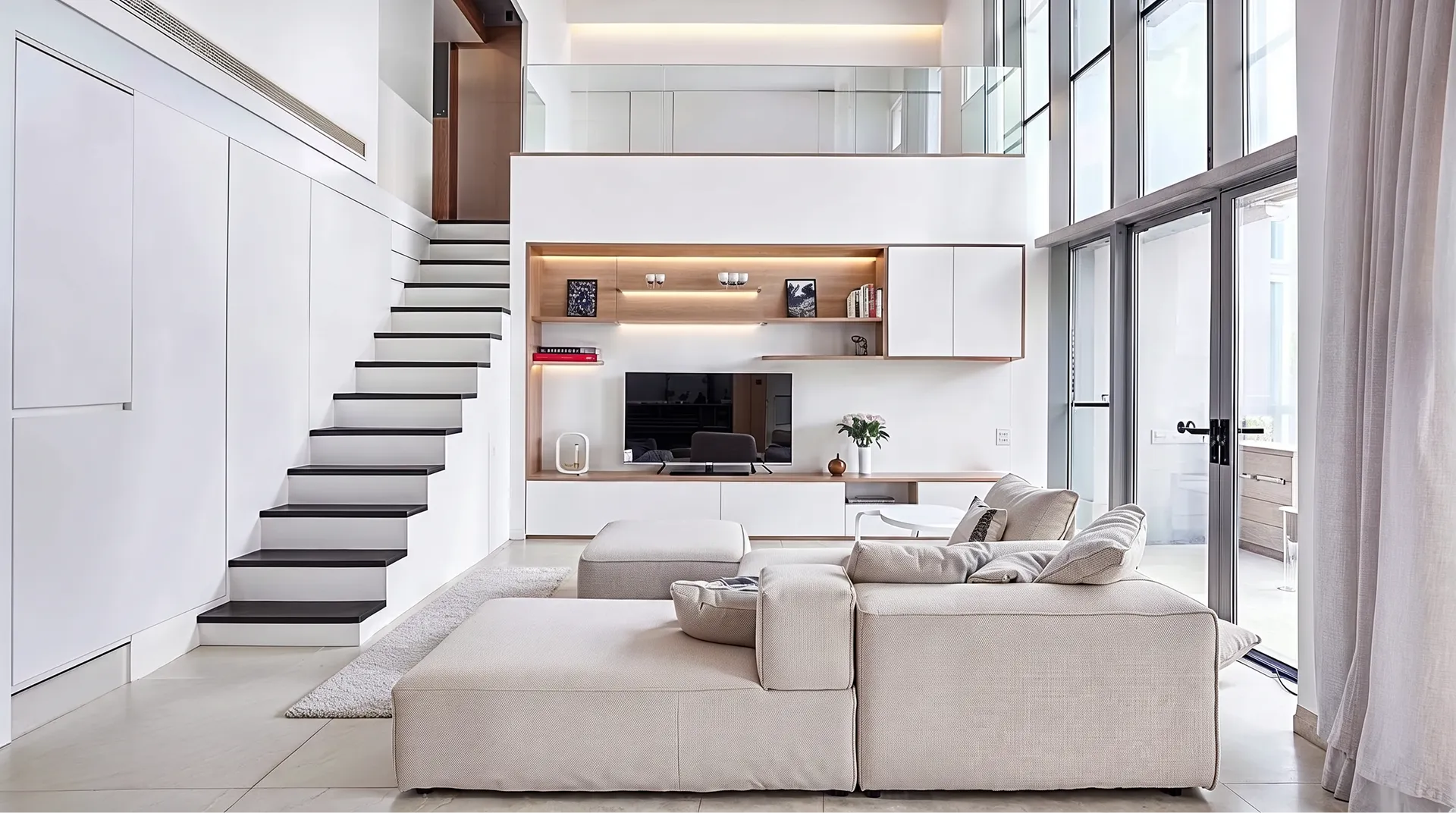 A double height living room with a built-in oak and white media wall, handleless fronts and a low cream sectional facing full height windows.