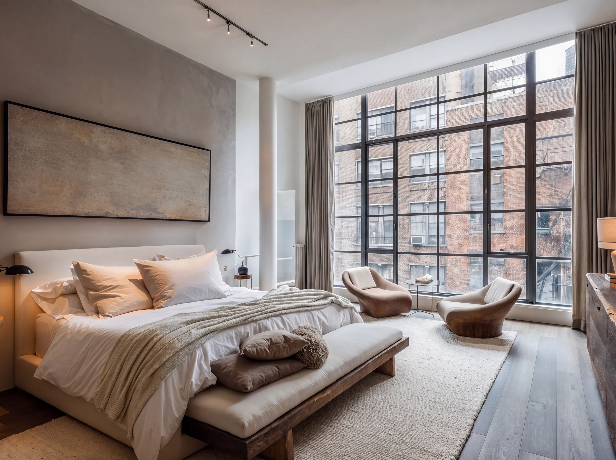 Bedroom in warm neutrals with a black steel grid window, cream and taupe bedding, full-height curtains and a solid wood bench at the foot of the bed