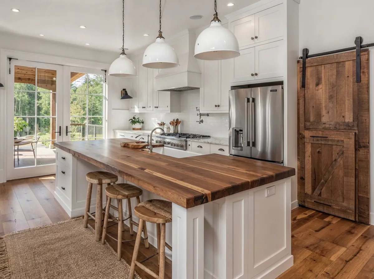 Modern farmhouse kitchen with white shaker cabinets, a thick walnut butcher block island, wooden stools, white dome pendants and a reclaimed timber barn door.
