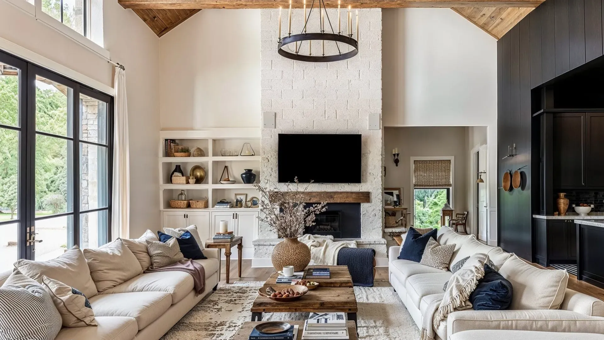 Modern farmhouse living room with warm white walls, exposed wood beams, a white brick fireplace, cream sofas and a black iron chandelier.