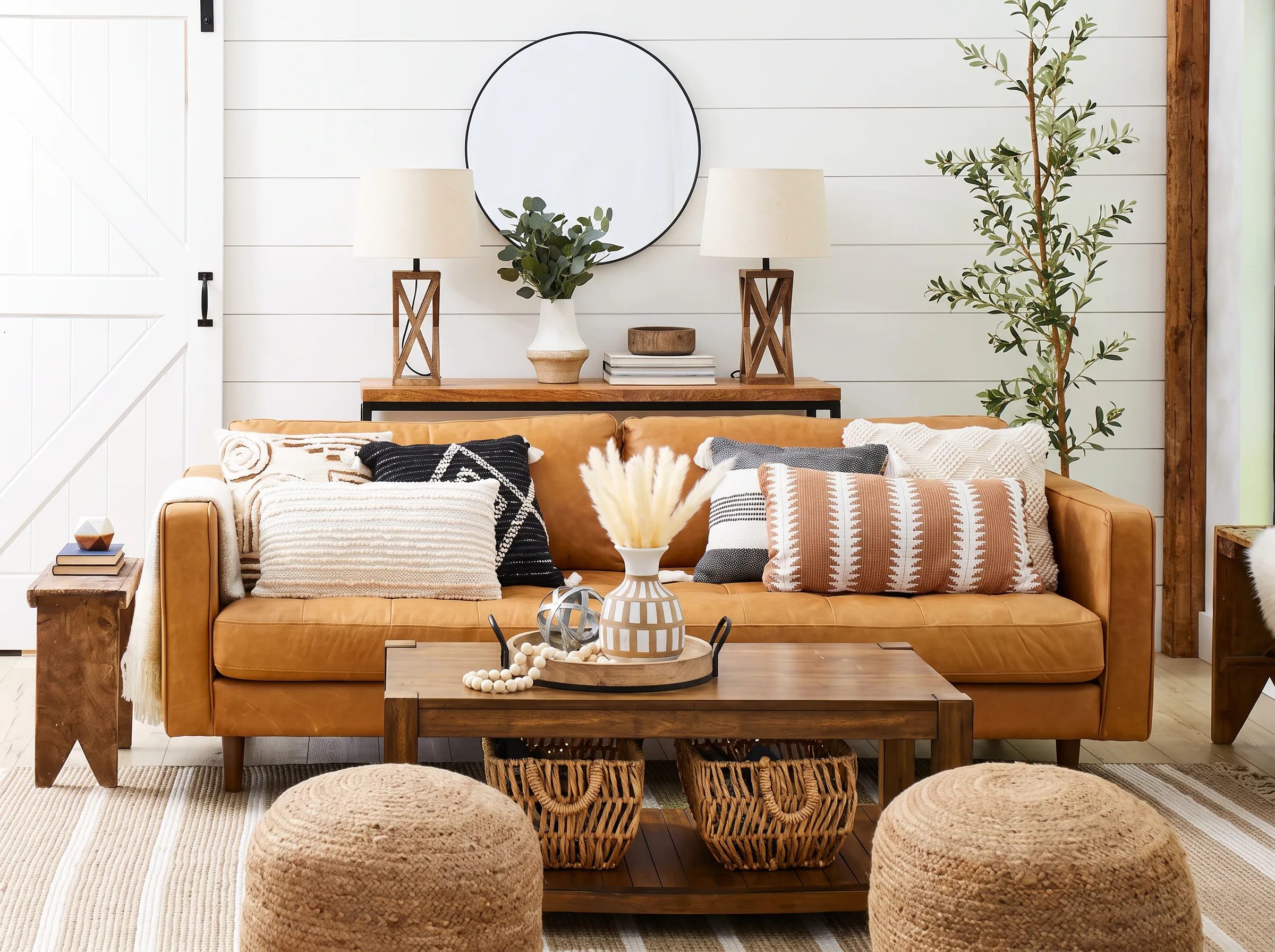 Modern farmhouse living room with a tan leather sofa, woven cushions in cream and rust, jute poufs and a wood and black metal console under a round black mirror.