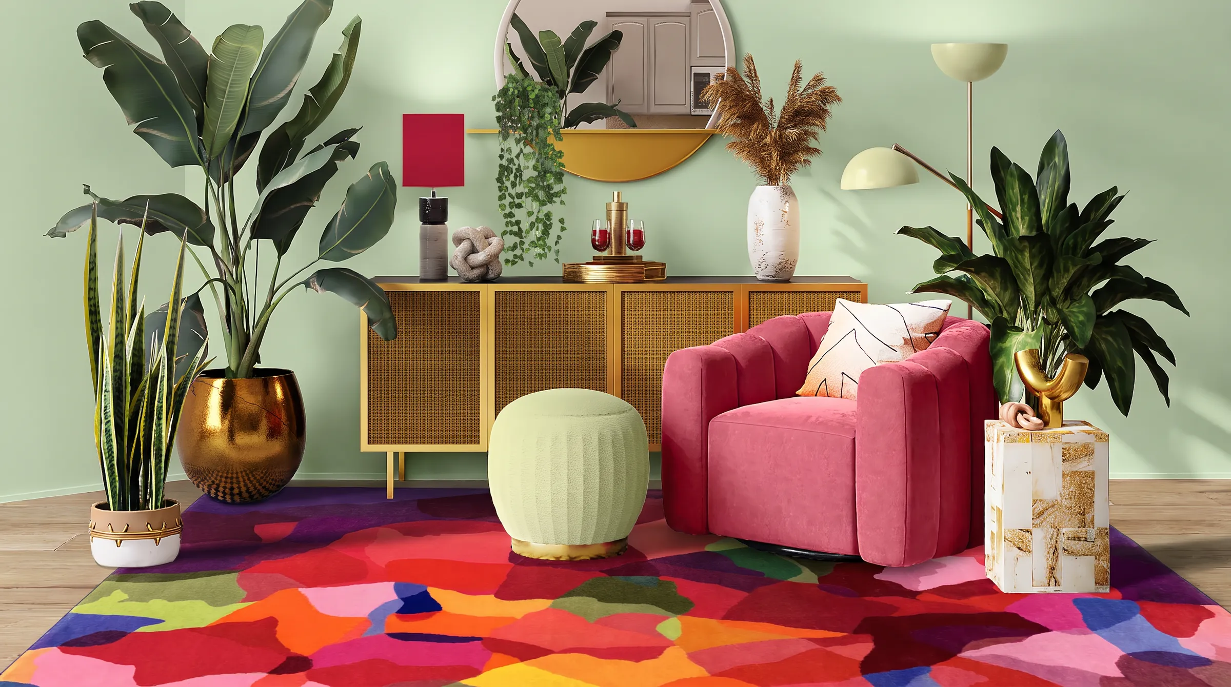 A living room with mint green walls, a brass and rattan sideboard, a pink velvet armchair and a multicoloured abstract rug.