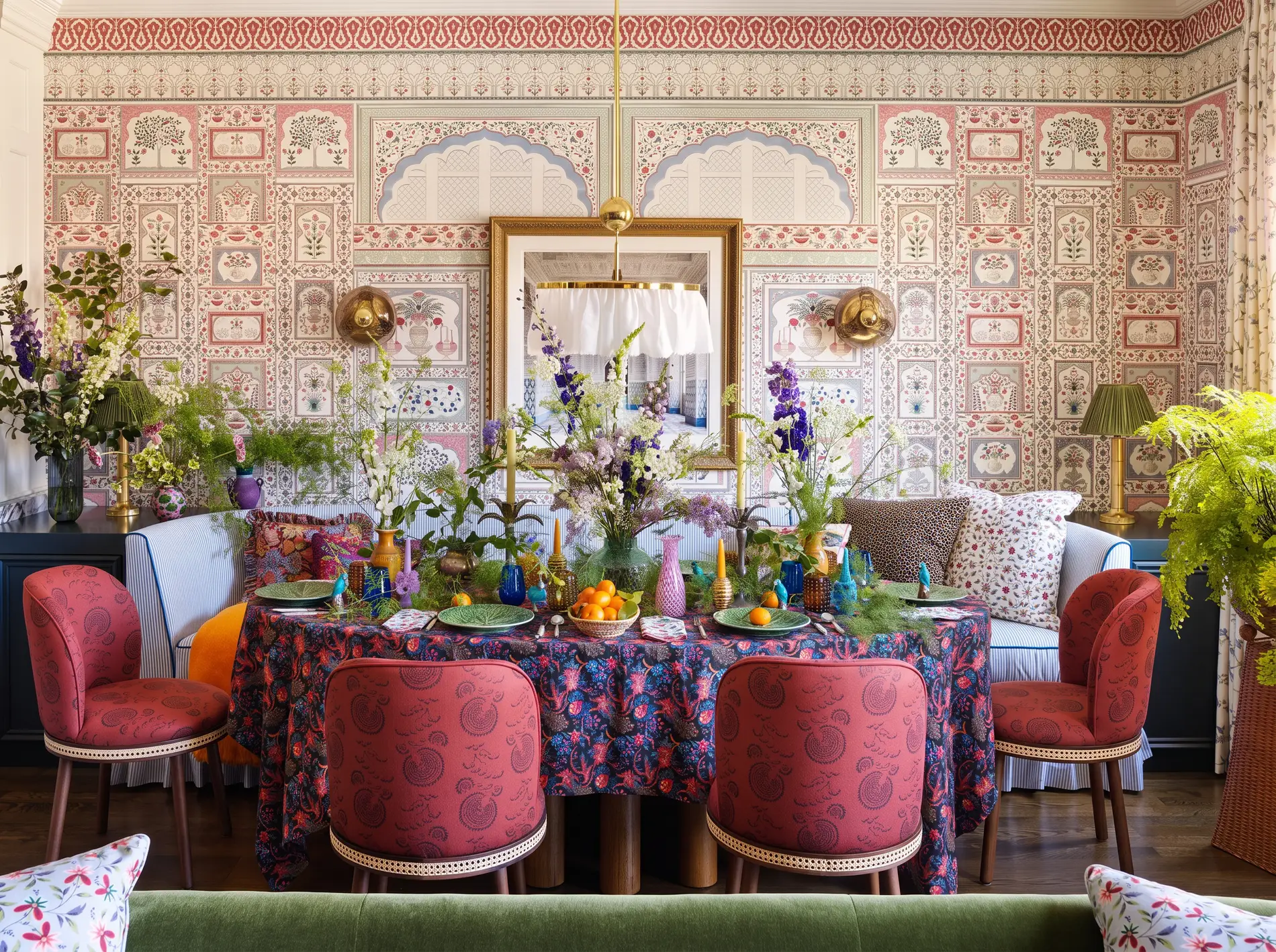 A dining room with block print wallpaper, a patterned tablecloth, pink paisley chairs and a striped banquette.