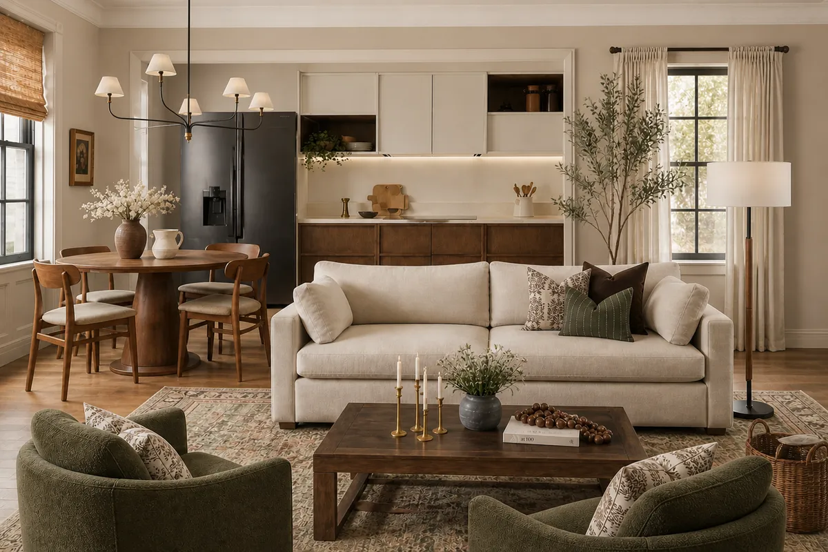 Open plan living and dining room with an oatmeal linen sofa, two olive green armchairs, a solid walnut coffee table and a round wooden dining table on a faded rug.