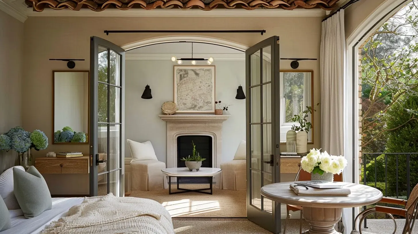 A warm neutral transitional room with a cream bed, tall glazed doors opening onto a sitting area with a carved stone fireplace, slipcovered chairs and a round marble coffee table.