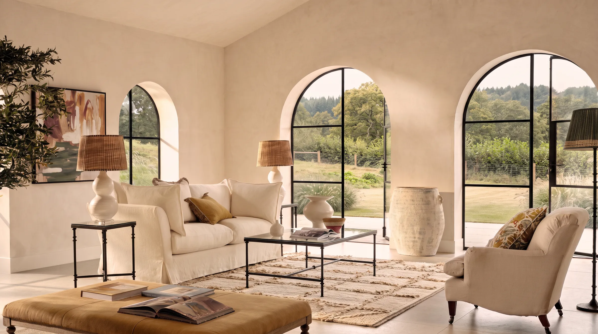 Sunlit living room with hand-troweled plaster walls, a low linen sofa, travertine coffee table and an arched opening to the next room.