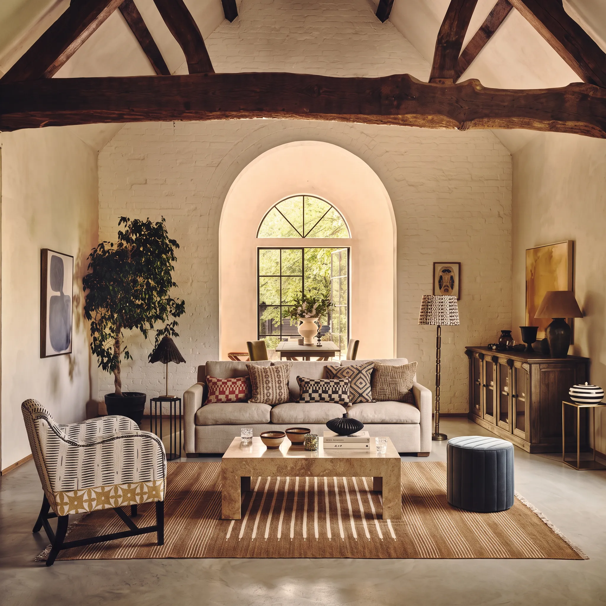 Living room with dark exposed roof beams, white-painted brick walls, an arched opening framing a dining area, a beige sofa with patterned cushions and a travertine coffee table.