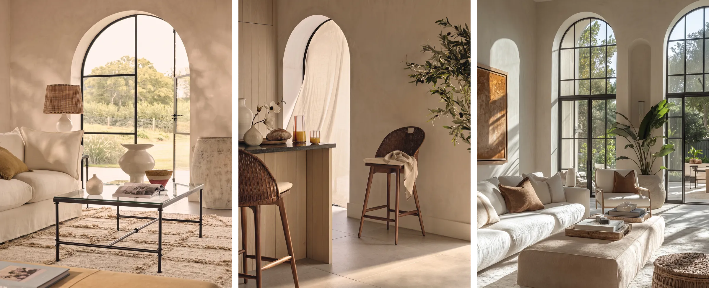 Three sunlit interiors side by side: a linen sofa beside an arched steel-framed door, a wooden breakfast bar with rattan stools under an arch, and a white lounge with tall arched windows.