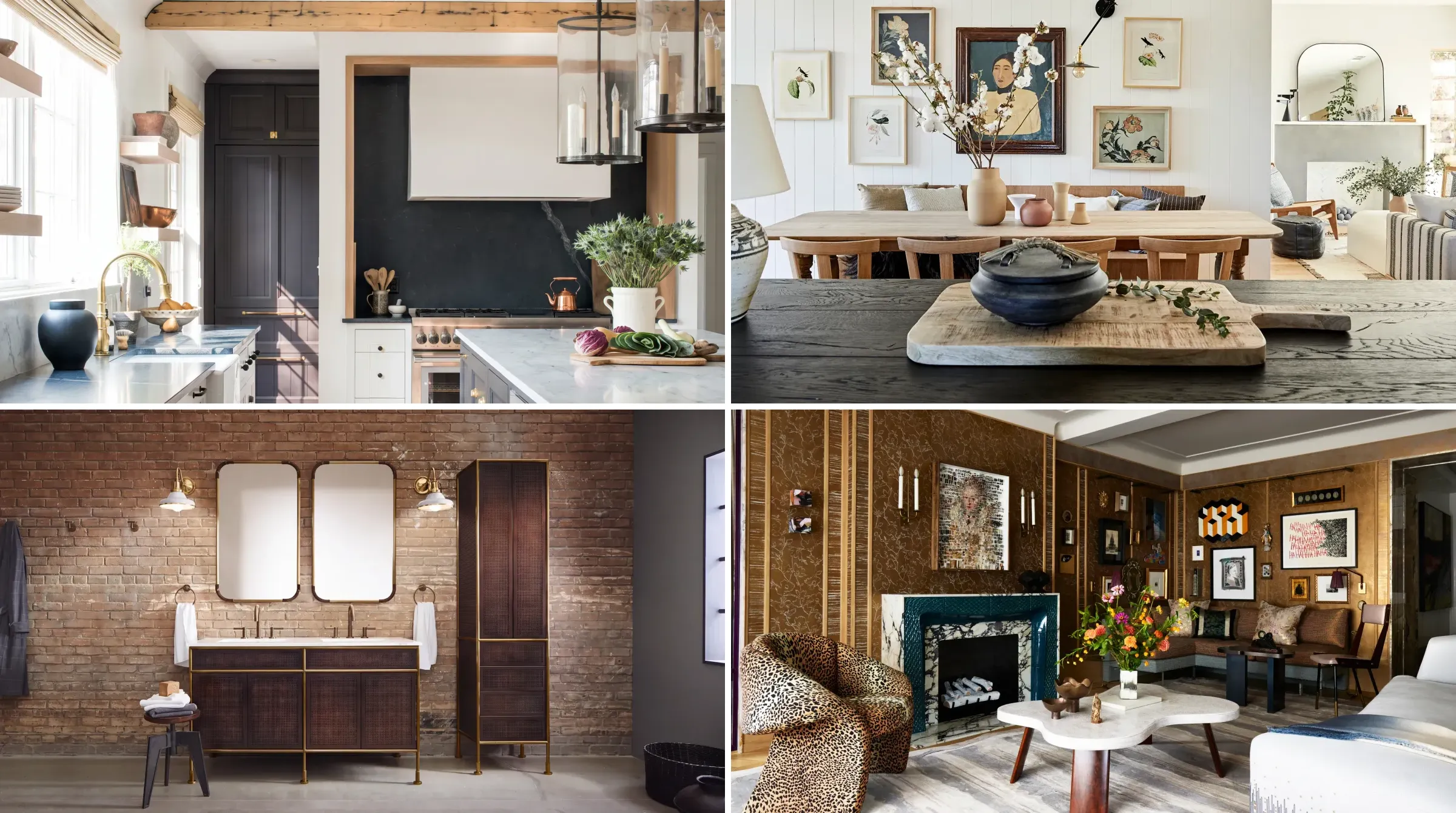 A four panel grid of four interior design styles: a bright kitchen with marble and an oak beam, a Japandi dining room with a gallery wall, an industrial bathroom with exposed brick, and an Art Deco living room with bronze walls.