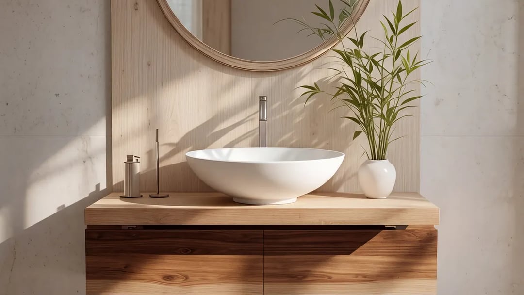 Wall-hung walnut vanity with a countertop basin and a round mirror in a modern bathroom lit by daylight
