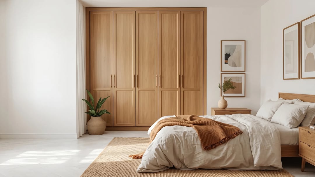 Oak fitted wardrobe running floor to ceiling along a bedroom wall, with a bed, a jute rug and framed prints beside it.