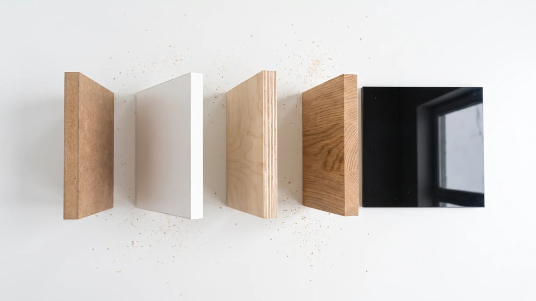 Five furniture board samples stood on edge against a white wall, from left: bare MDF, white melamine faced board, birch plywood, solid oak and black high gloss acrylic.