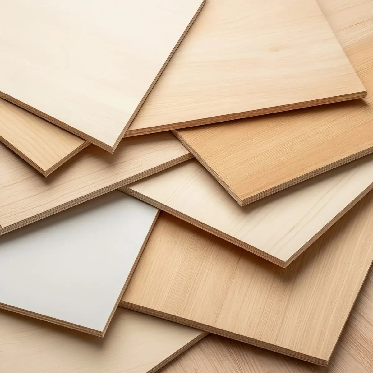 A loose stack of plywood sheets in pale birch and oak finishes, the glued layers visible along every edge.
