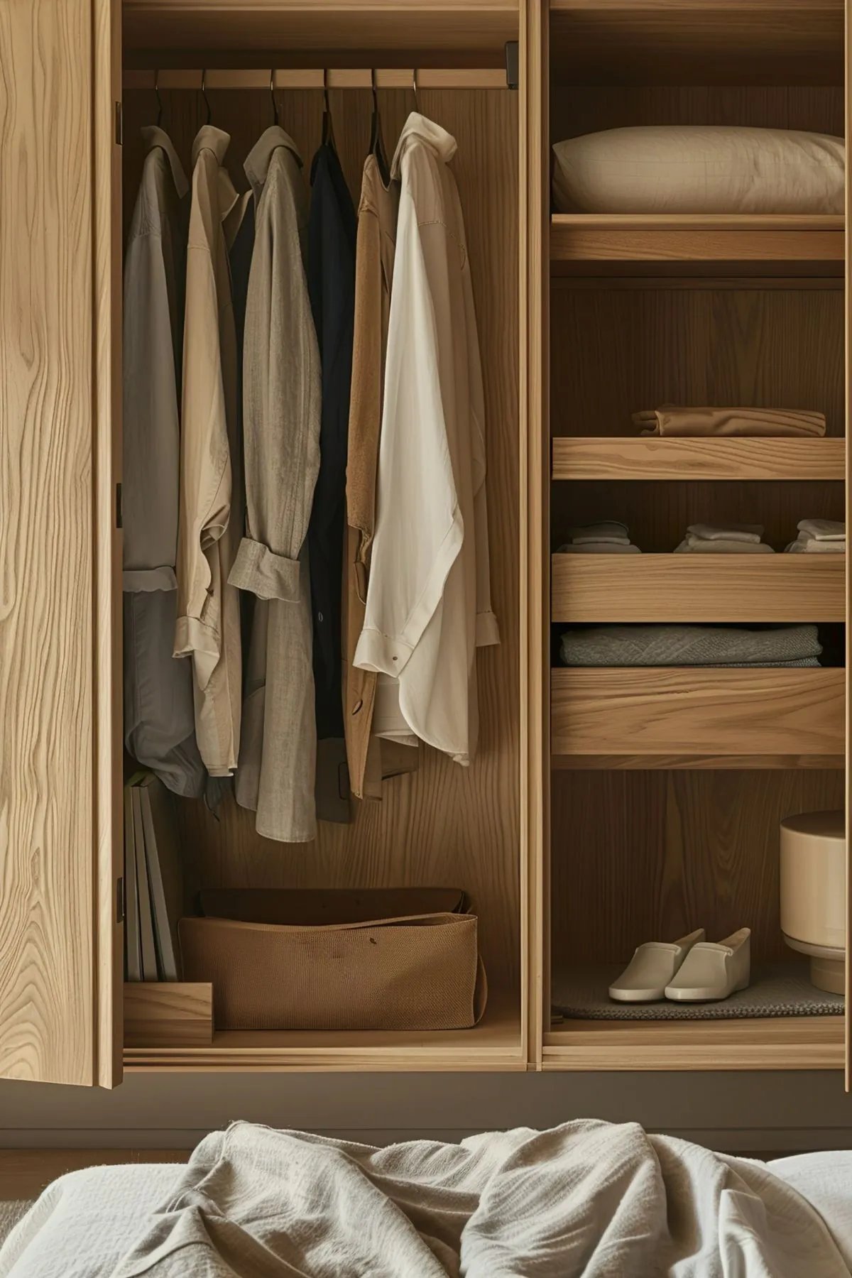 Open oak wardrobe with shirts on a hanging rail on the left and pull-out shelves for folded clothes, a basket and shoes in the column on the right.
