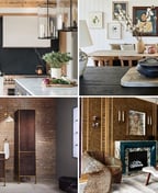 Four panel grid of interior styles: a marble kitchen, a Japandi dining room, an industrial bathroom and an Art Deco lounge.