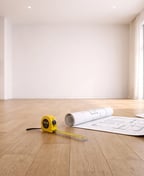 A tape measure lying across a bare parquet floor beside a pencil and a folded paper plan in an empty apartment room.