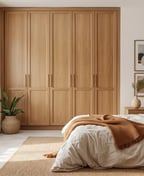 Oak fitted wardrobe running floor to ceiling along a bedroom wall, with a bed, a jute rug and framed prints beside it.