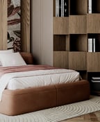 Modern bedroom with a terracotta upholstered bed, wood-slat headboard wall and taupe wardrobe doors