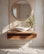 Wall-hung walnut vanity with a countertop basin and a round mirror in a modern bathroom lit by daylight