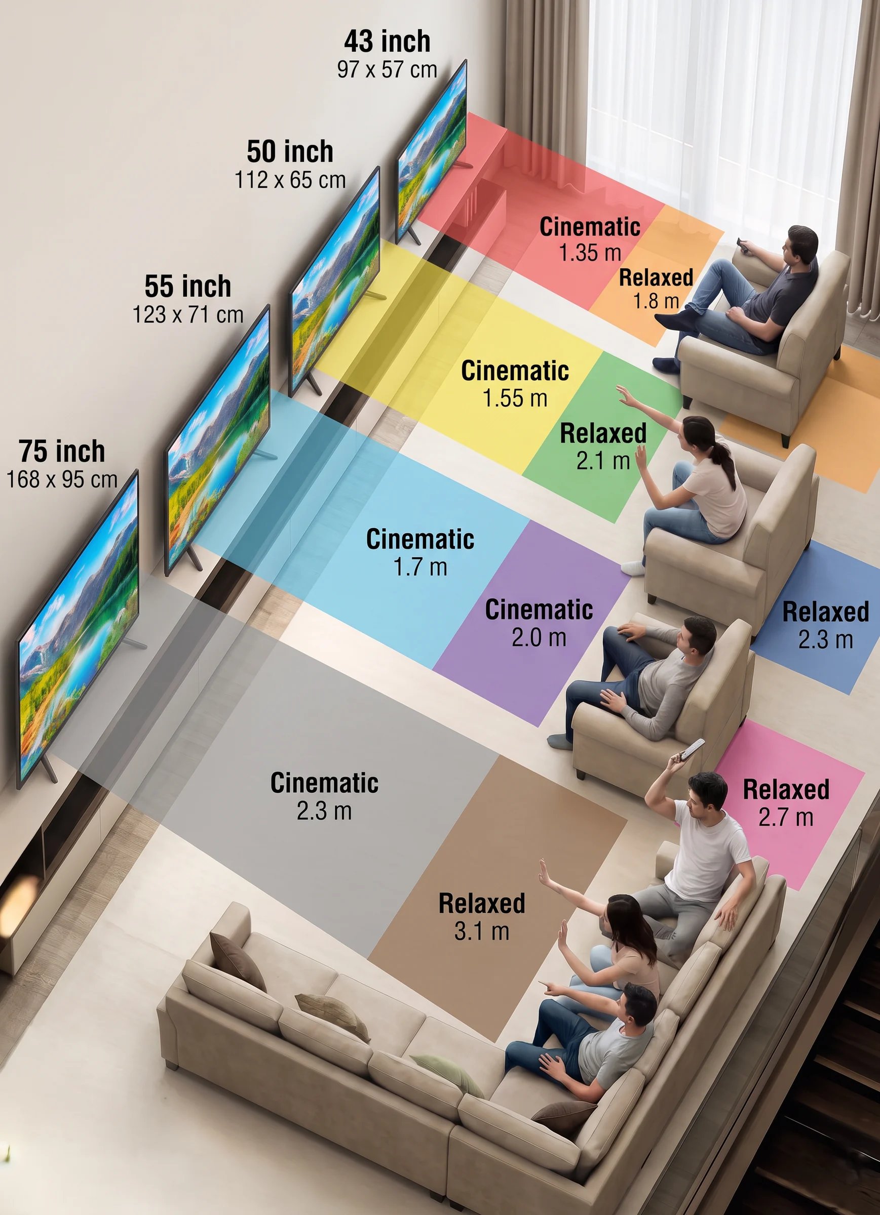 Skemë nga lart e një dhome ndenjeje që tregon distancat kinematike dhe të qeta të shikimit për televizorë 43, 50, 55, 65 dhe 75 inç.