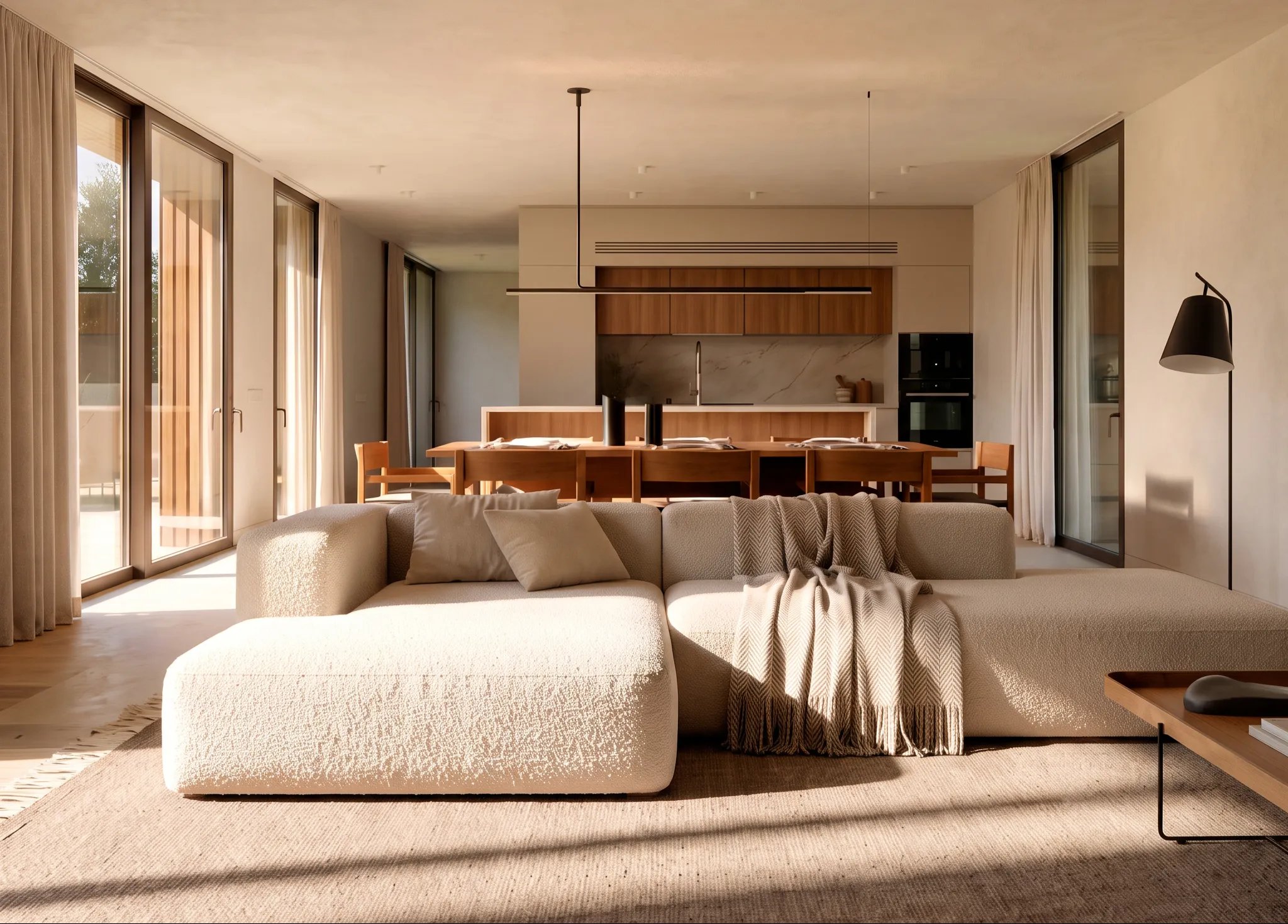 Open plan room with a large modular sofa on a jute rug, its back turned to a walnut dining table and the kitchen behind it.