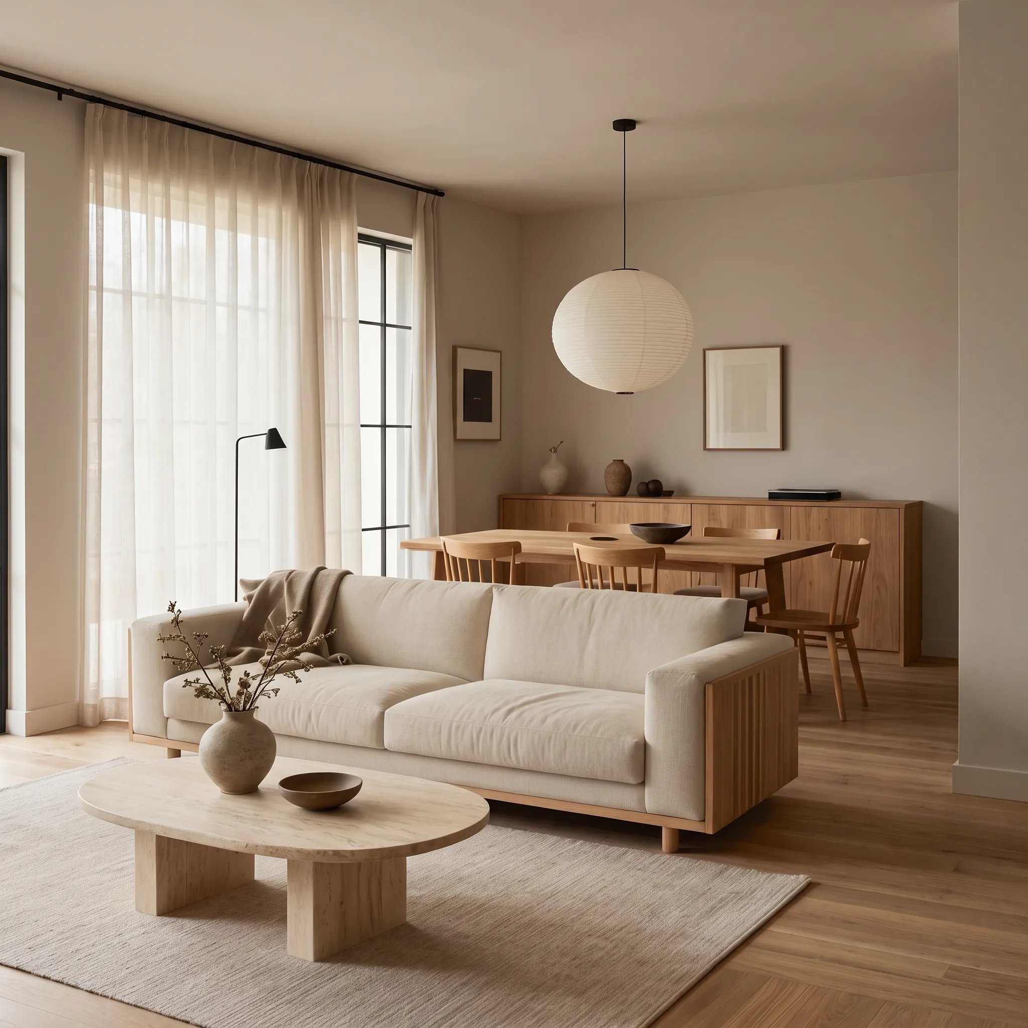 Cream three seater sofa with an oval travertine coffee table on a pale rug, and an oak dining table with a sideboard behind it.
