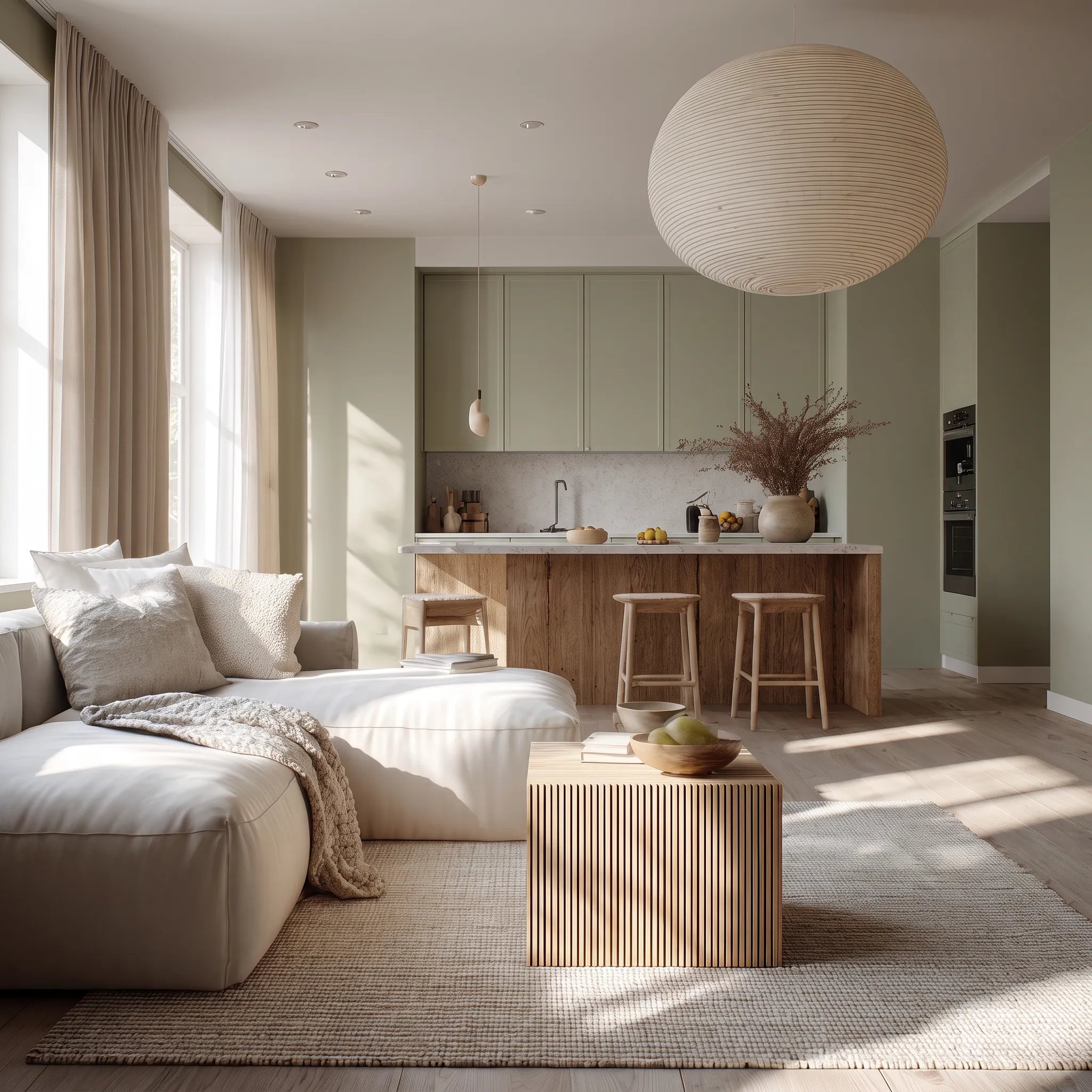 Living room with a large jute rug under the sofa and a slatted oak coffee table, opening onto a sage green kitchen with an oak island.