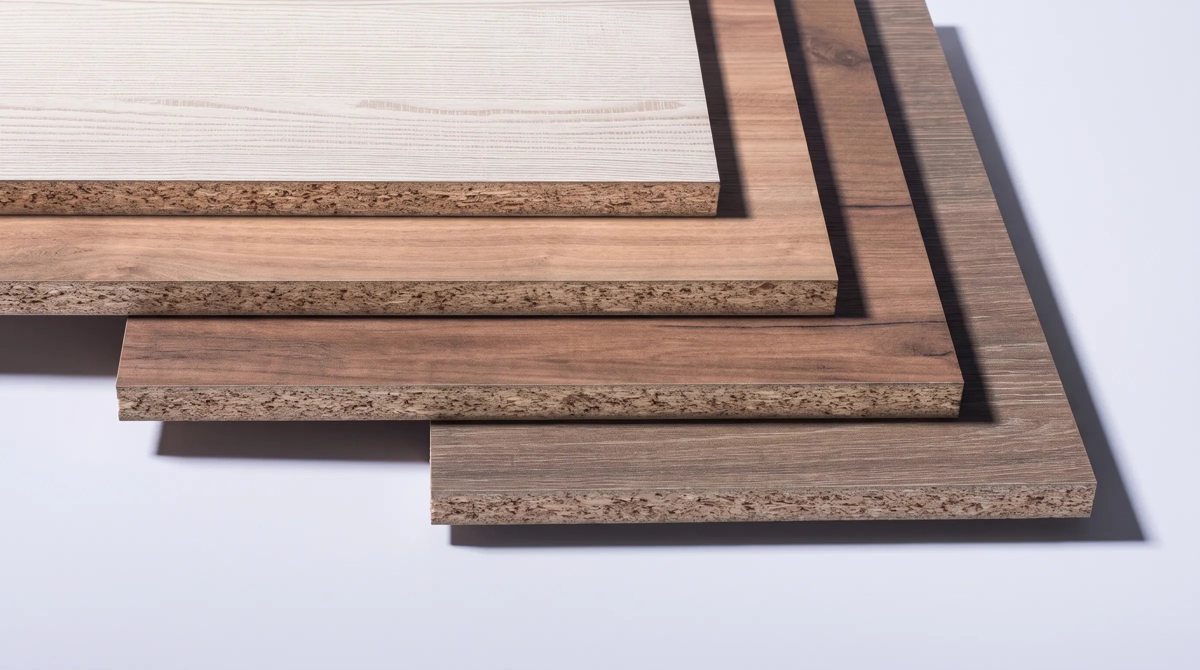 Four melamine faced panels stacked in a fan, each with a wood print surface and a visible chipboard core along the cut edge.