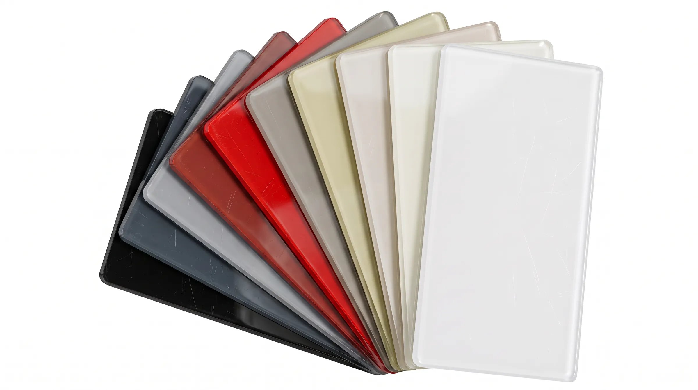 Nine high gloss acrylic panels fanned out in black, grey, red, cream and white, with fine surface scratches catching the light.