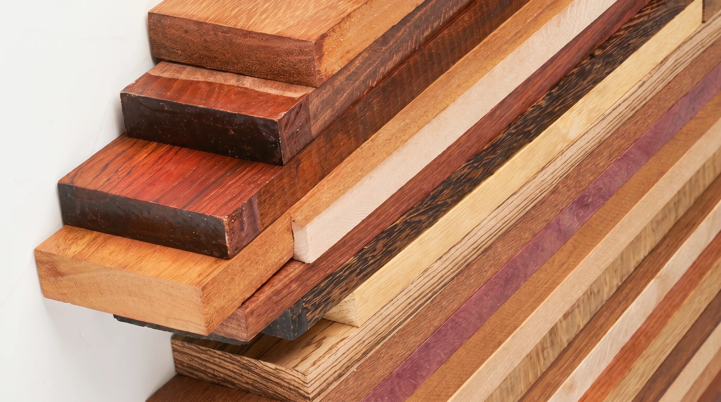 A stack of solid hardwood boards in many species, from pale ash and beech through oak and mahogany to near black.