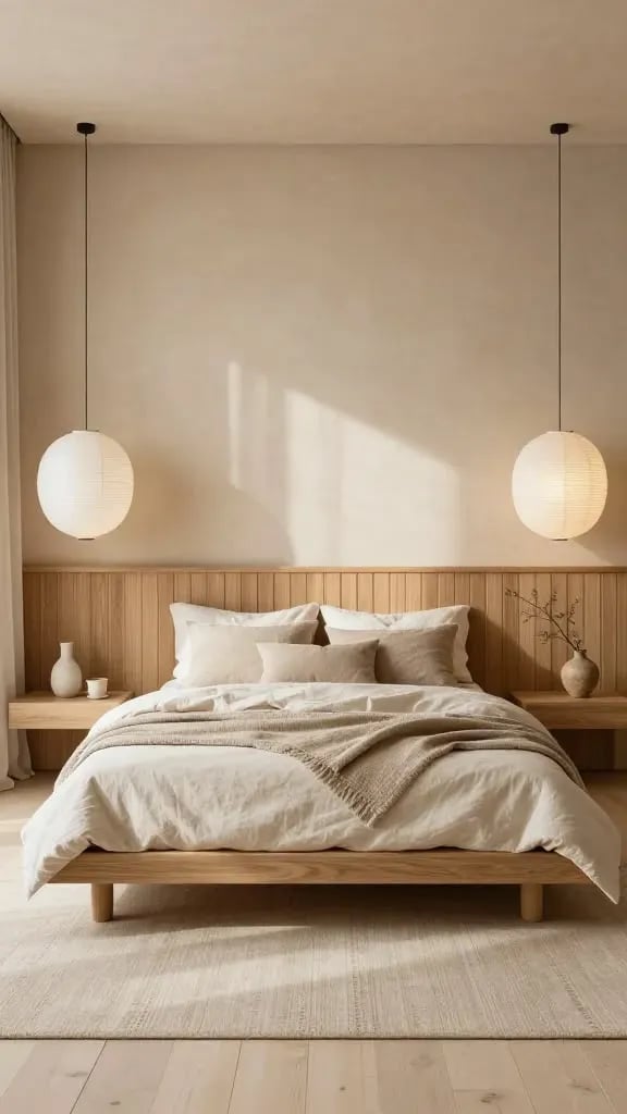 Oak bed frame against a slatted timber headboard wall with floating bedside shelves on both sides and two paper globe pendants hanging above them.