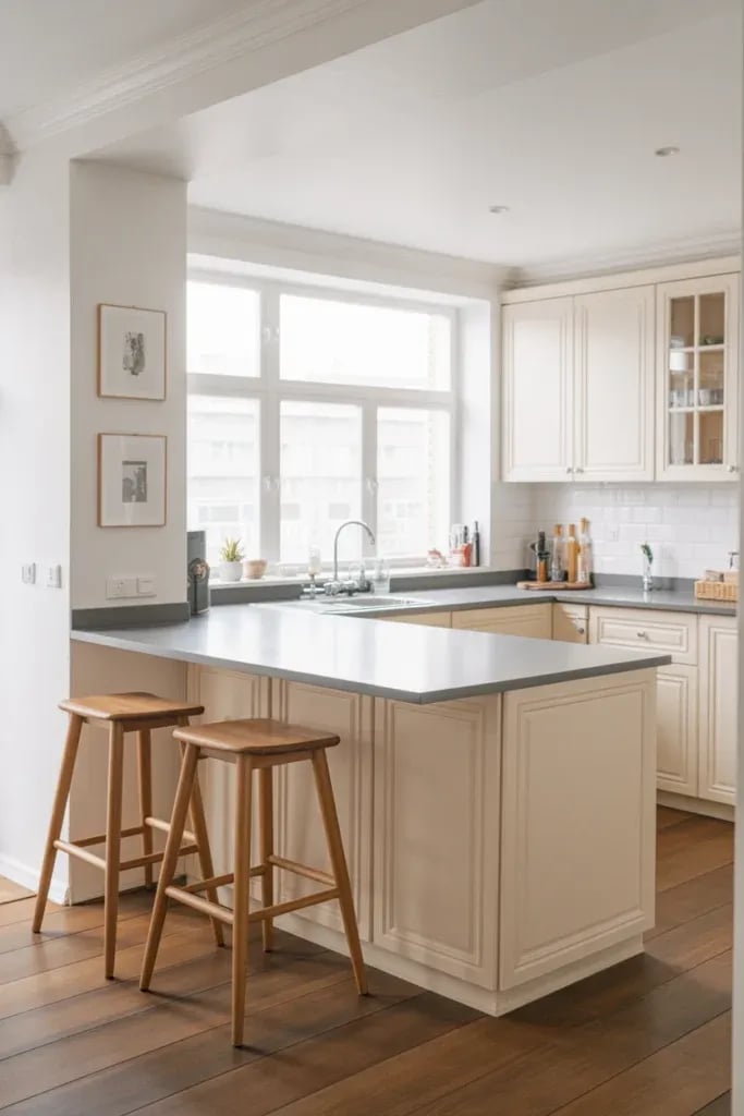 Cream U-shaped kitchen with a peninsula, two wooden stools, a grey worktop and a window above the sink.