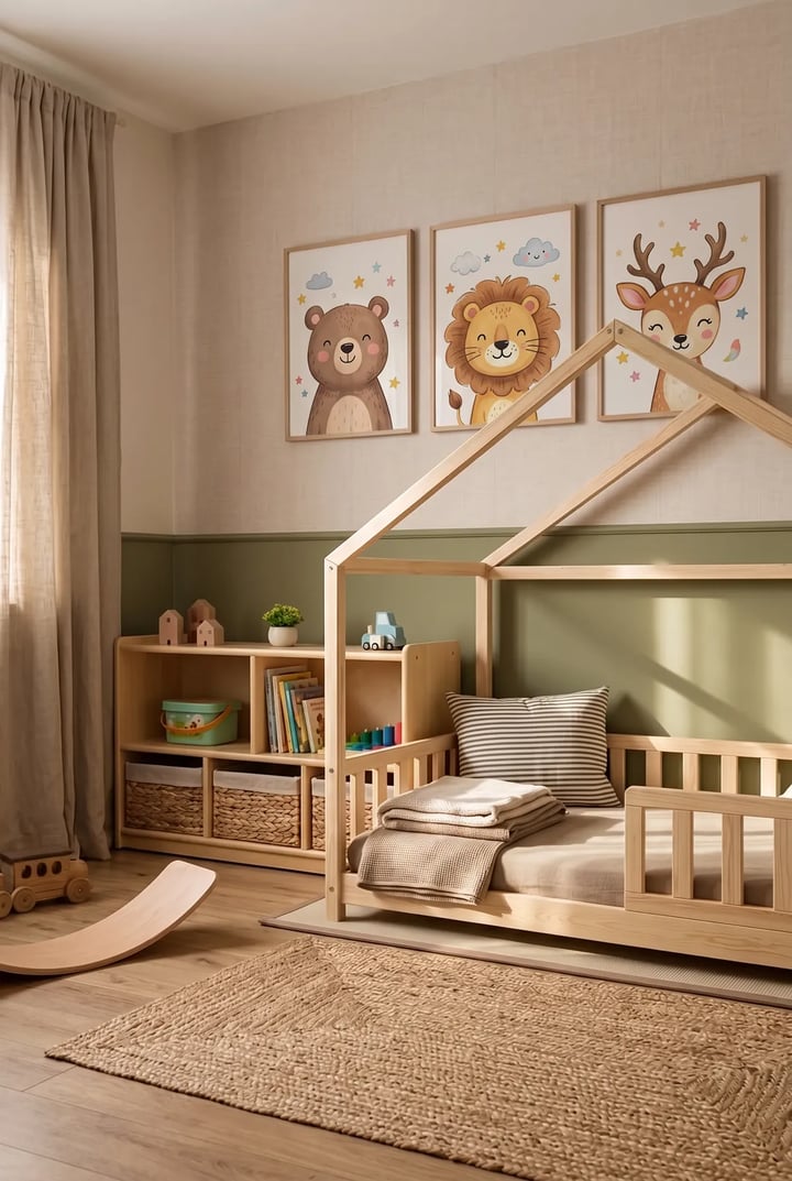 Krevat Montessori prej druri në formë shtëpie, me parmak të ulët me hapje, dyshek pranë dyshemesë dhe qilim jute