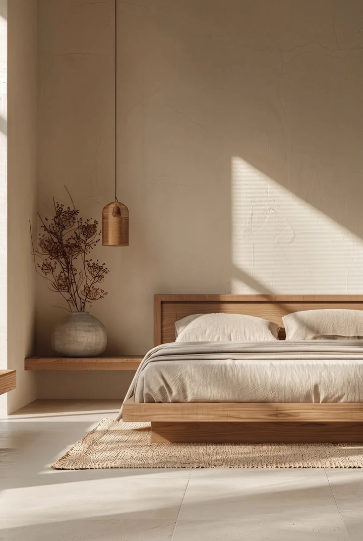 Low light wood platform bed with a wooden headboard and a recessed base, a floating shelf beside it and a jute rug