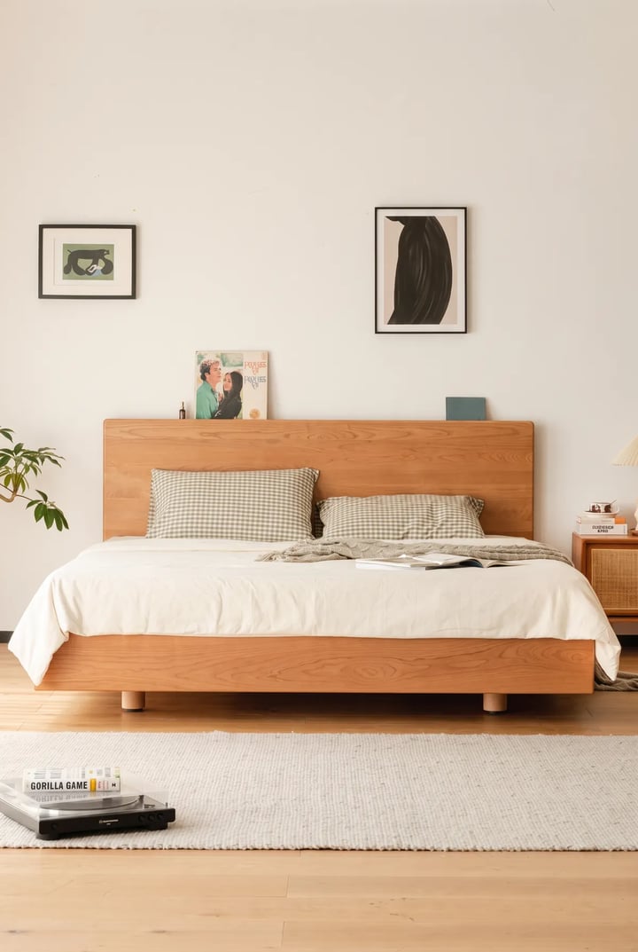 Wooden double bed with a tall flat headboard, a base on short round legs and gingham pillows
