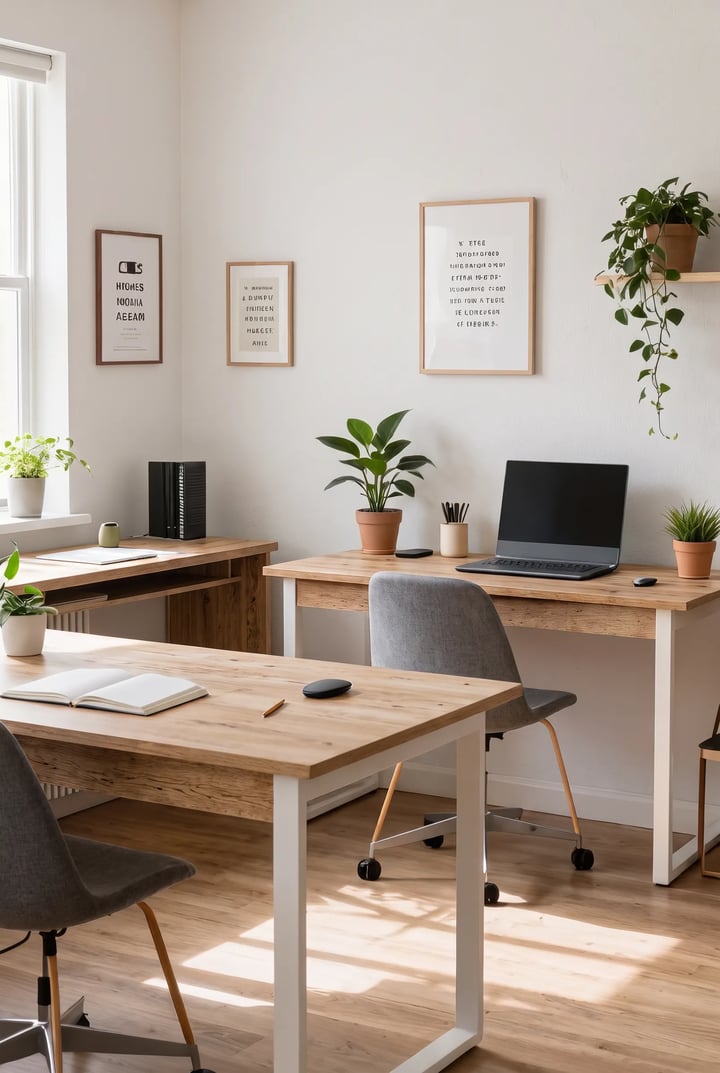 Small office with three oak desks on white metal frames, grey swivel chairs, a laptop, plants and framed prints on the wall