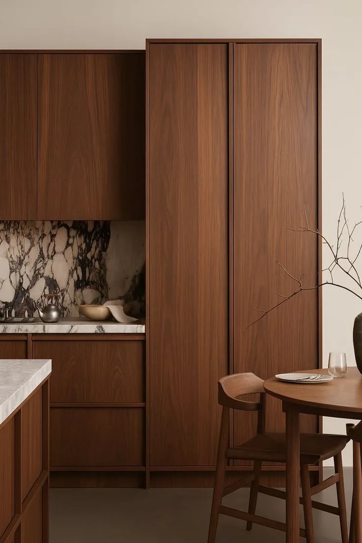 Kitchen with handleless dark walnut fronts, a violet-veined marble splashback and a round walnut table.