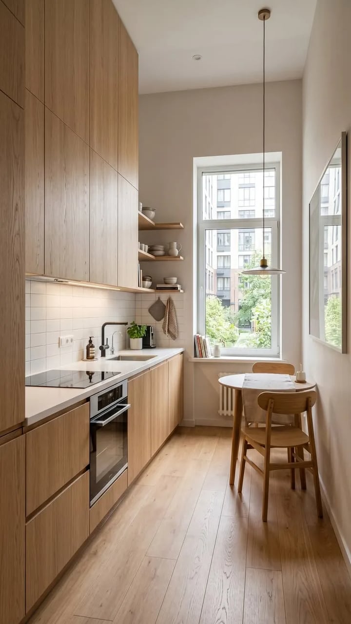 Narrow linear kitchen with light oak fronts to the ceiling, a white worktop, a window at the end and a small table.