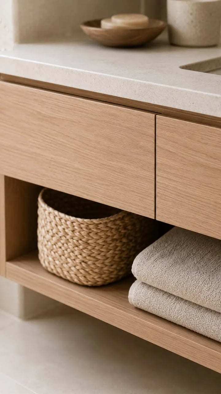 Oak vanity with two drawers and an open shelf below, holding folded towels and a woven basket