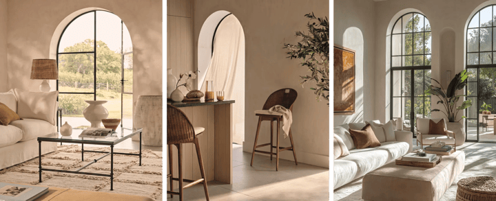 Three sunlit interiors: a linen sofa by an arched steel door, a breakfast bar with rattan stools, and a white lounge.