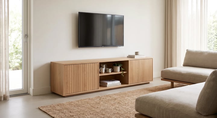 Minibar i ulët për televizor me dy dyer të mbyllura dhe një niçe të hapur në mes
